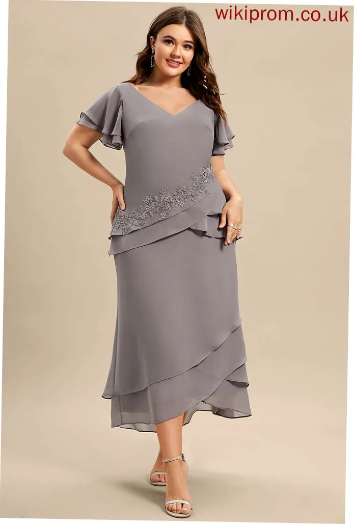 Lace Cascading Mother Appliques Ruffles the Chiffon Mother of the Bride Dresses of With Sheath/Column Dress Jayleen Asymmetrical V-neck Bride