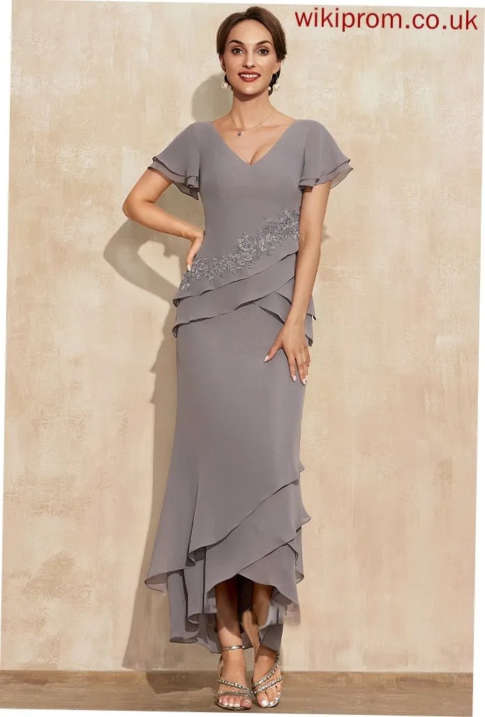 Lace Cascading Mother Appliques Ruffles the Chiffon Mother of the Bride Dresses of With Sheath/Column Dress Jayleen Asymmetrical V-neck Bride