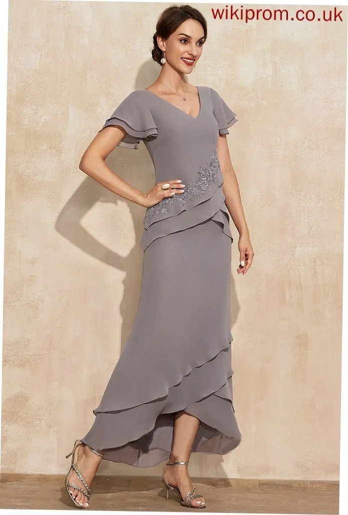 Lace Cascading Mother Appliques Ruffles the Chiffon Mother of the Bride Dresses of With Sheath/Column Dress Jayleen Asymmetrical V-neck Bride