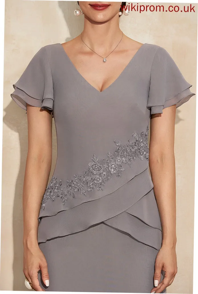 Lace Cascading Mother Appliques Ruffles the Chiffon Mother of the Bride Dresses of With Sheath/Column Dress Jayleen Asymmetrical V-neck Bride
