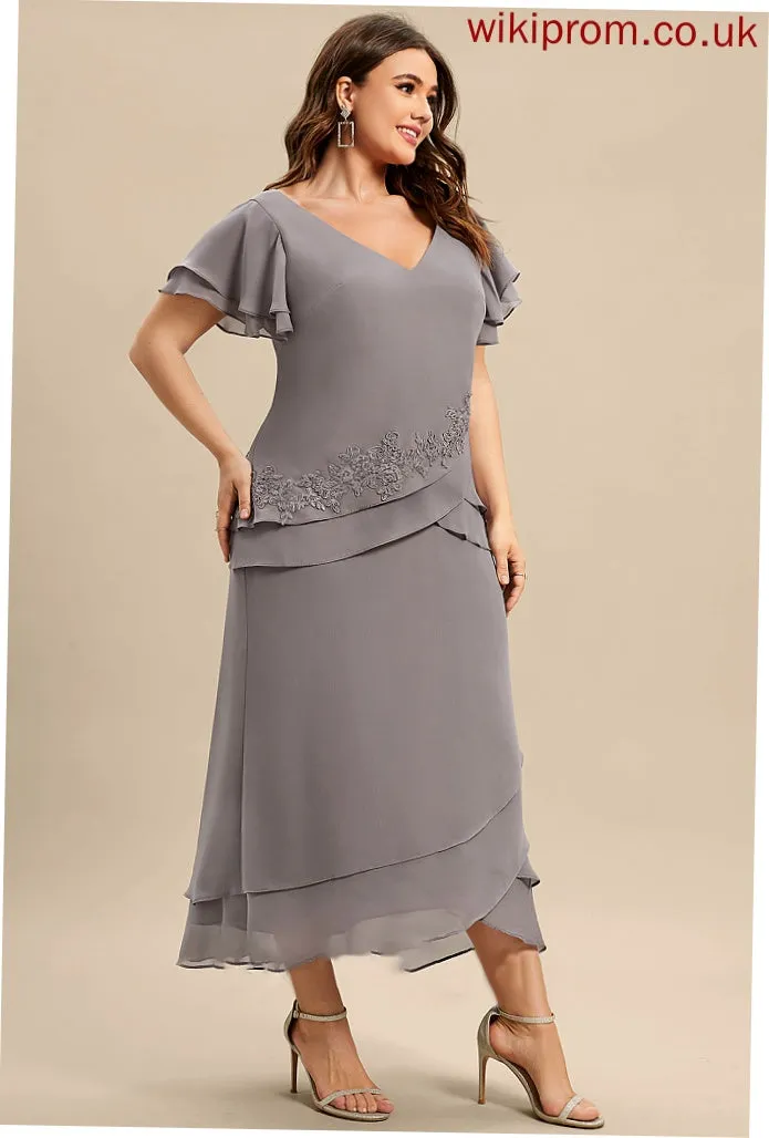 Lace Cascading Mother Appliques Ruffles the Chiffon Mother of the Bride Dresses of With Sheath/Column Dress Jayleen Asymmetrical V-neck Bride