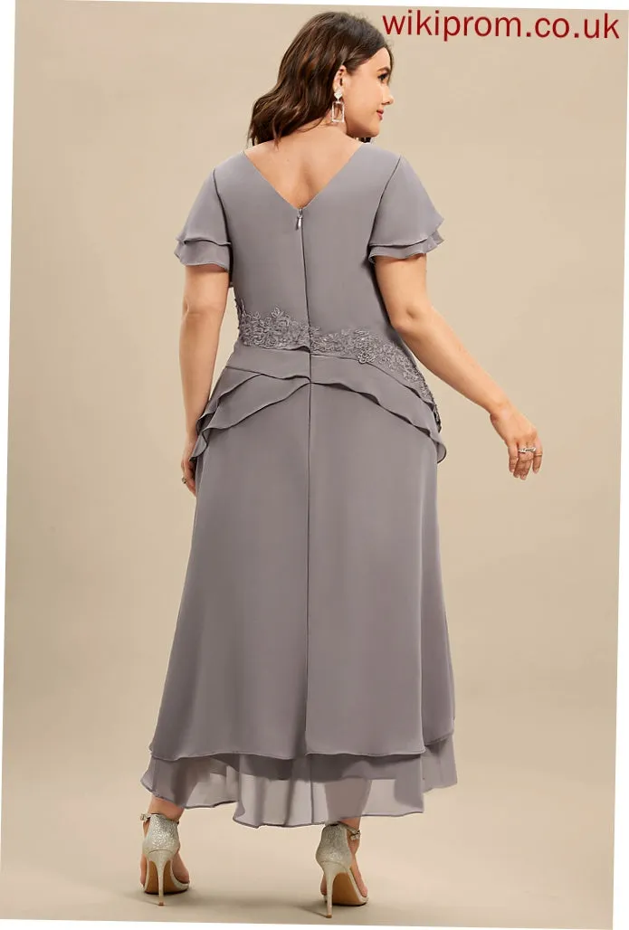 Lace Cascading Mother Appliques Ruffles the Chiffon Mother of the Bride Dresses of With Sheath/Column Dress Jayleen Asymmetrical V-neck Bride