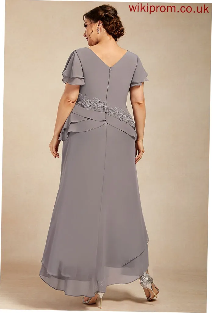 Lace Cascading Mother Appliques Ruffles the Chiffon Mother of the Bride Dresses of With Sheath/Column Dress Jayleen Asymmetrical V-neck Bride