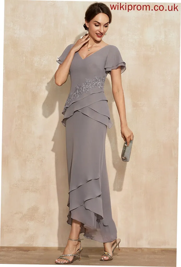 Lace Cascading Mother Appliques Ruffles the Chiffon Mother of the Bride Dresses of With Sheath/Column Dress Jayleen Asymmetrical V-neck Bride
