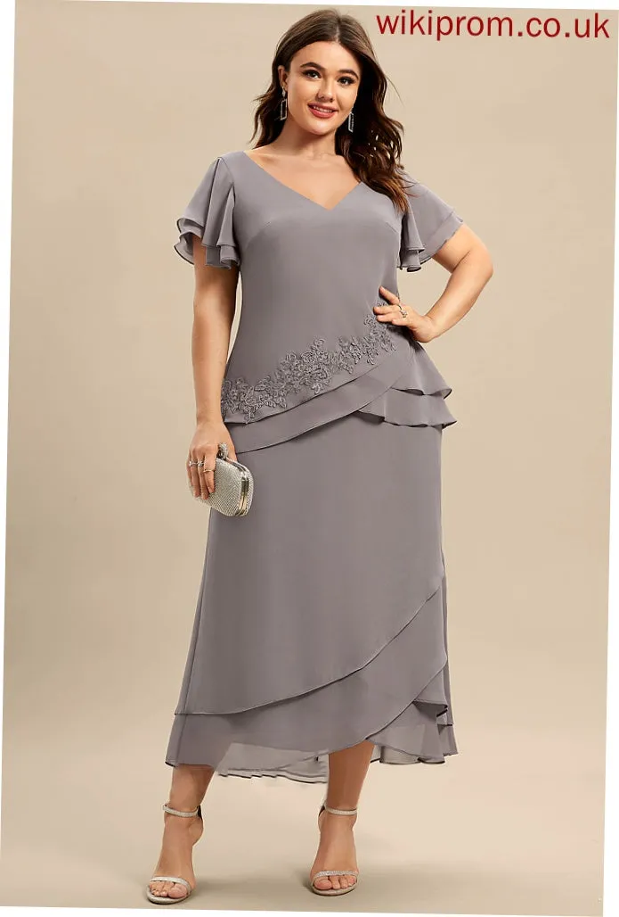 Lace Cascading Mother Appliques Ruffles the Chiffon Mother of the Bride Dresses of With Sheath/Column Dress Jayleen Asymmetrical V-neck Bride