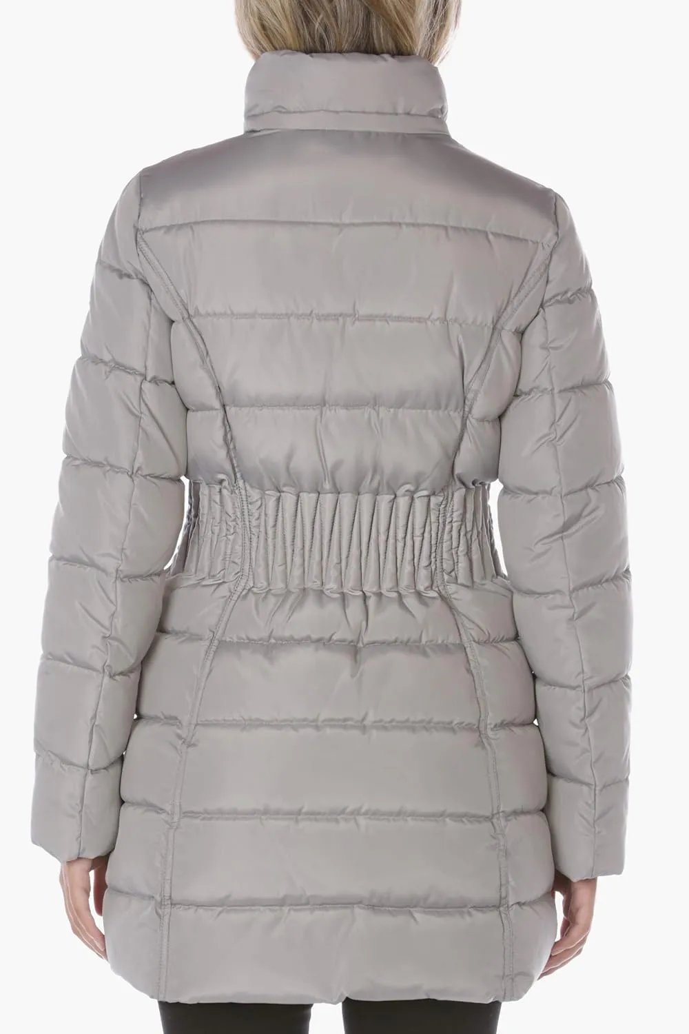Laundry by Shelli Segal Women's 3/4 Puffer Jacket with Zig Zag Cinched Waist and Faux Fur Trim Hood