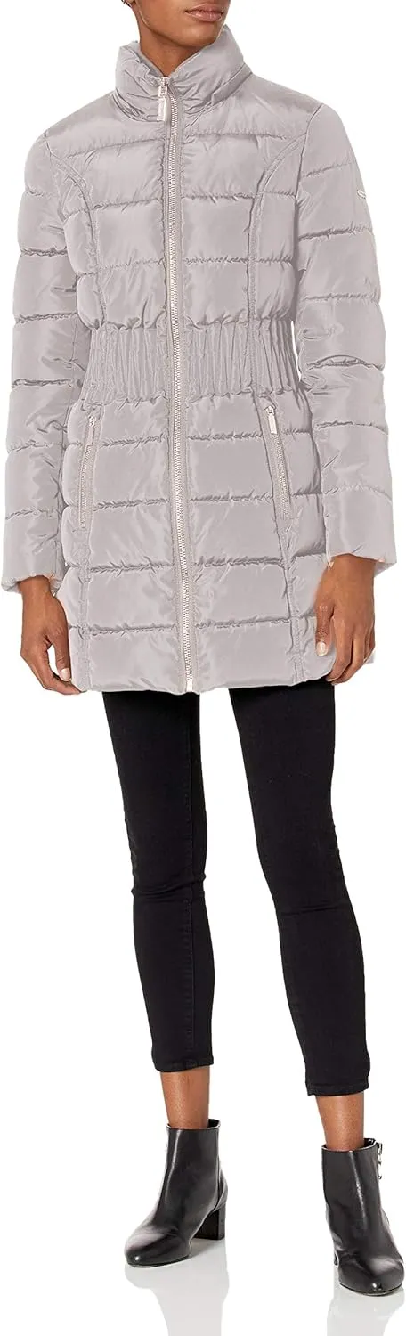 Laundry by Shelli Segal Women's 3/4 Puffer Jacket with Zig Zag Cinched Waist and Faux Fur Trim Hood