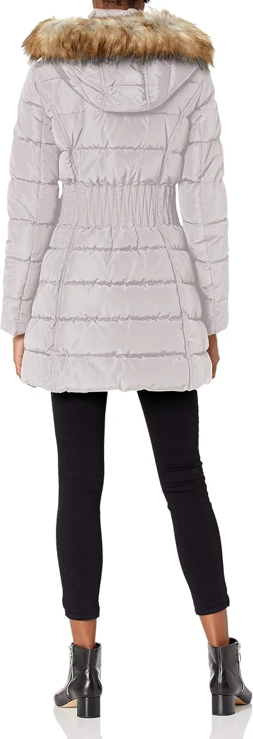 Laundry by Shelli Segal Women's 3/4 Puffer Jacket with Zig Zag Cinched Waist and Faux Fur Trim Hood