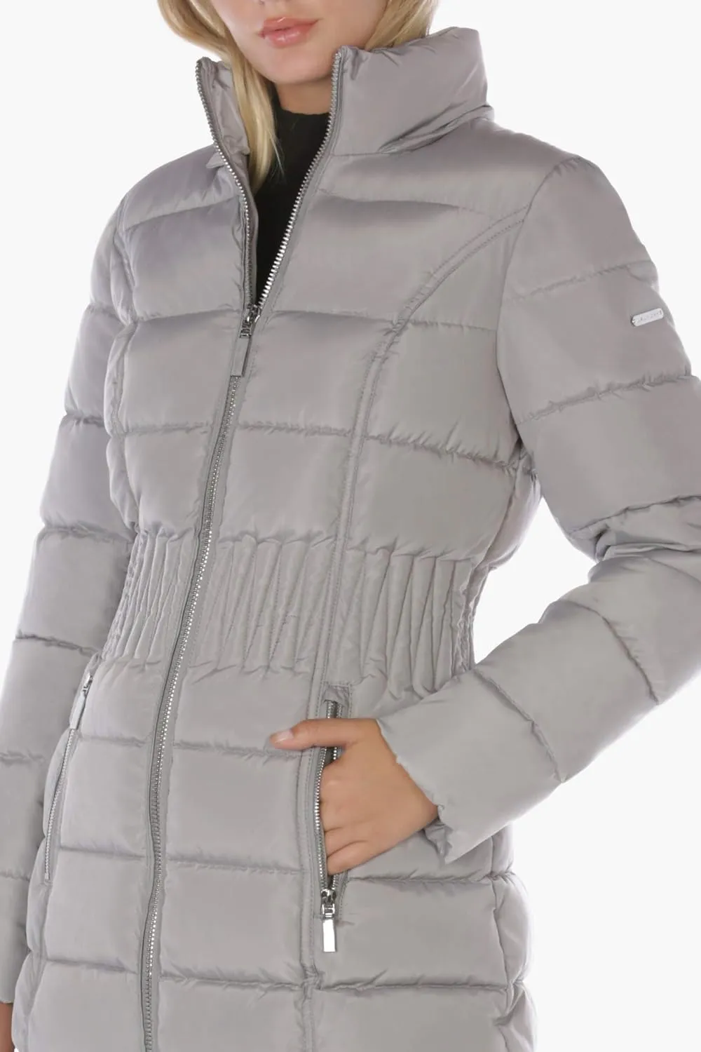 Laundry by Shelli Segal Women's 3/4 Puffer Jacket with Zig Zag Cinched Waist and Faux Fur Trim Hood