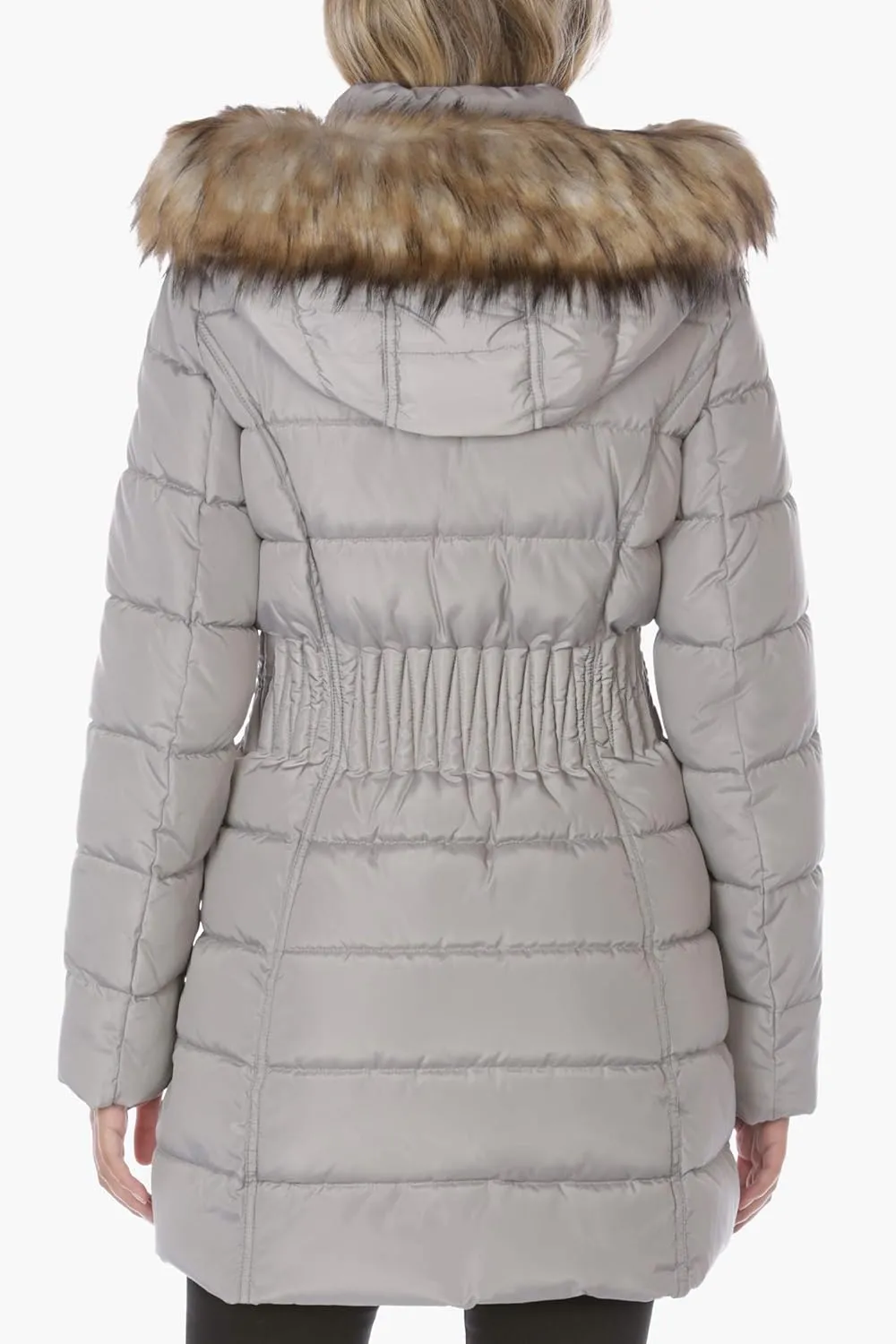 Laundry by Shelli Segal Women's 3/4 Puffer Jacket with Zig Zag Cinched Waist and Faux Fur Trim Hood