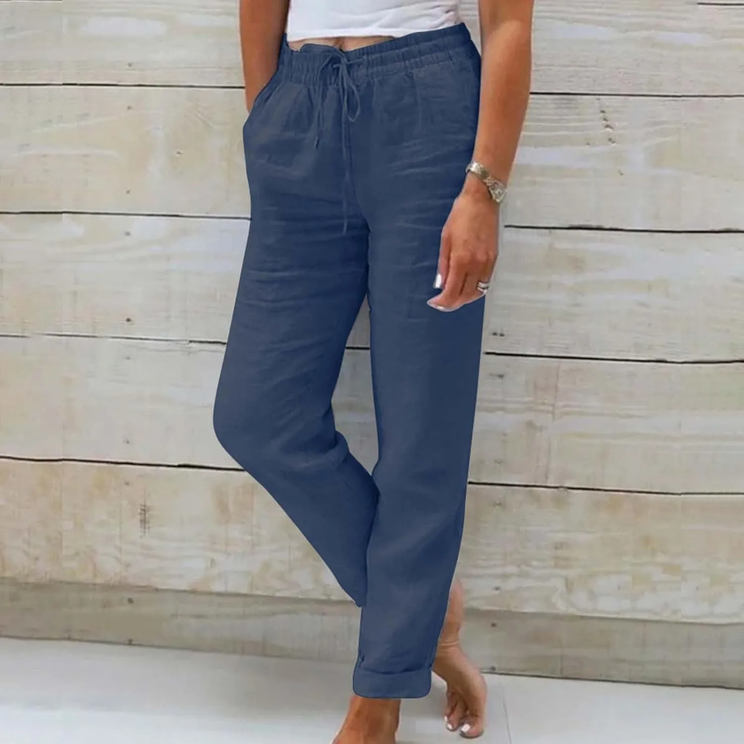 Linen Pants Womens Relaxed Fit Casual Vacation Cotton Linen Pant Trendy Drawstrings Lounge Trousers with Pockets
