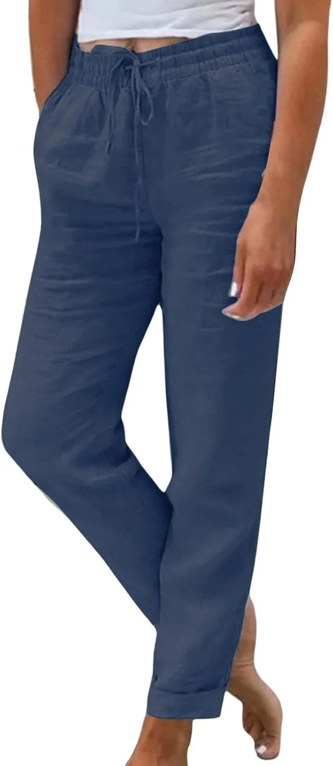 Linen Pants Womens Relaxed Fit Casual Vacation Cotton Linen Pant Trendy Drawstrings Lounge Trousers with Pockets