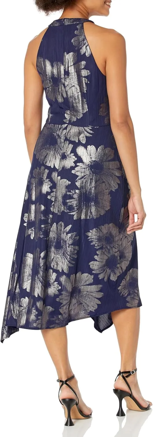 London Times Women's Keyhole Neck Asymmetrical Hem Halter Metallic Pattern Guest of Event Cocktail Party