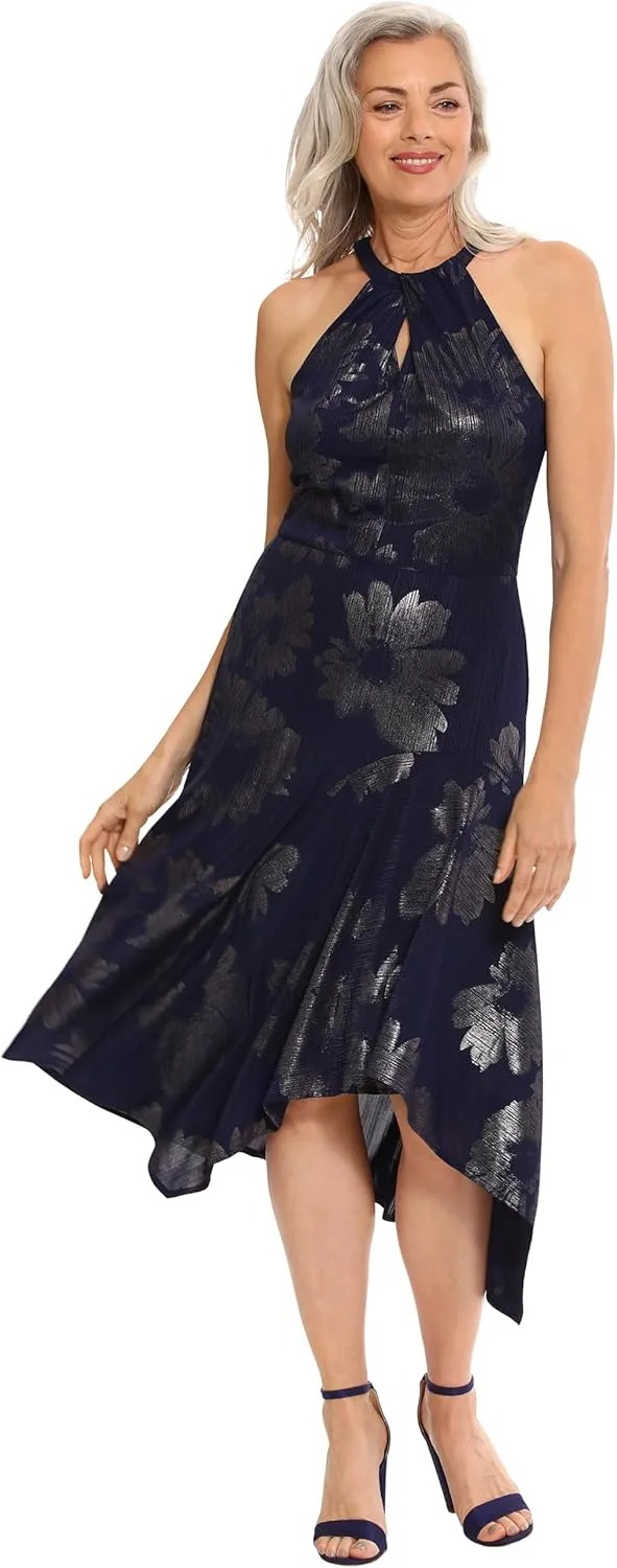 London Times Women's Keyhole Neck Asymmetrical Hem Halter Metallic Pattern Guest of Event Cocktail Party