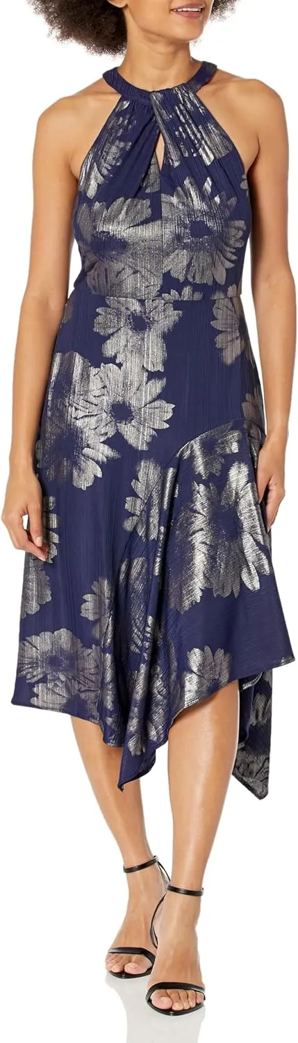 London Times Women's Keyhole Neck Asymmetrical Hem Halter Metallic Pattern Guest of Event Cocktail Party