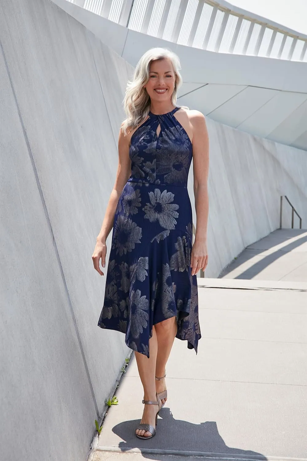 London Times Women's Keyhole Neck Asymmetrical Hem Halter Metallic Pattern Guest of Event Cocktail Party