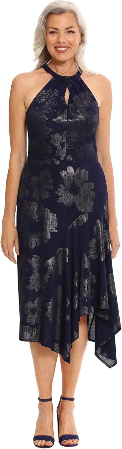 London Times Women's Keyhole Neck Asymmetrical Hem Halter Metallic Pattern Guest of Event Cocktail Party