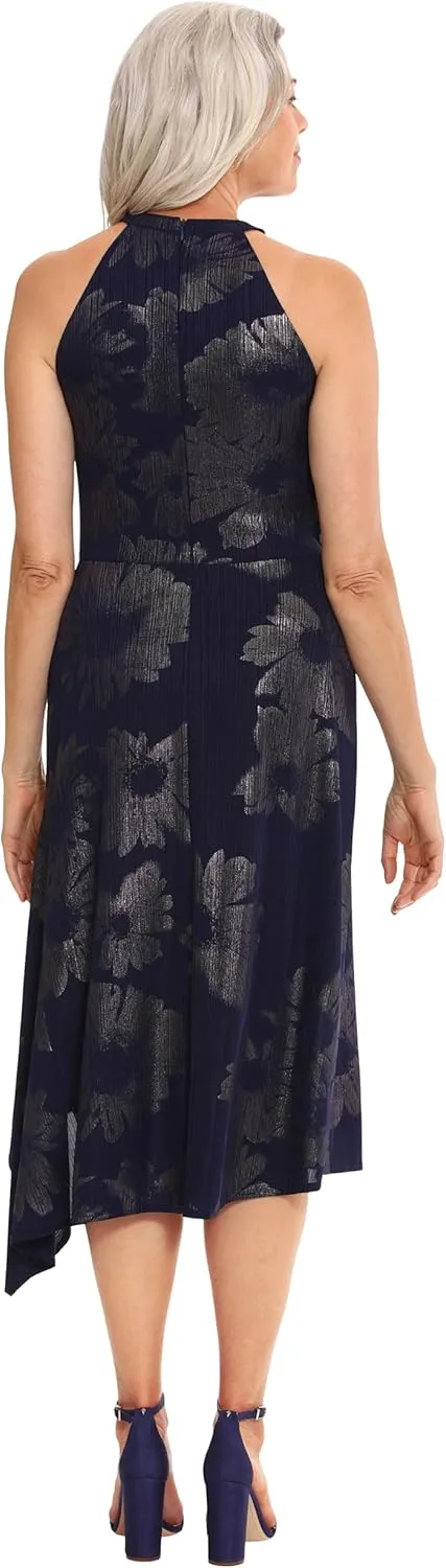 London Times Women's Keyhole Neck Asymmetrical Hem Halter Metallic Pattern Guest of Event Cocktail Party