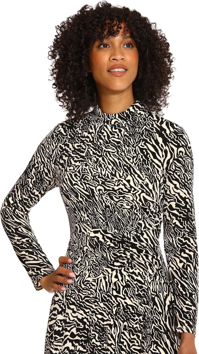 Maggy London Women's Long Sleeve Mock Neck Midi Dress with Asymmetrical Hem