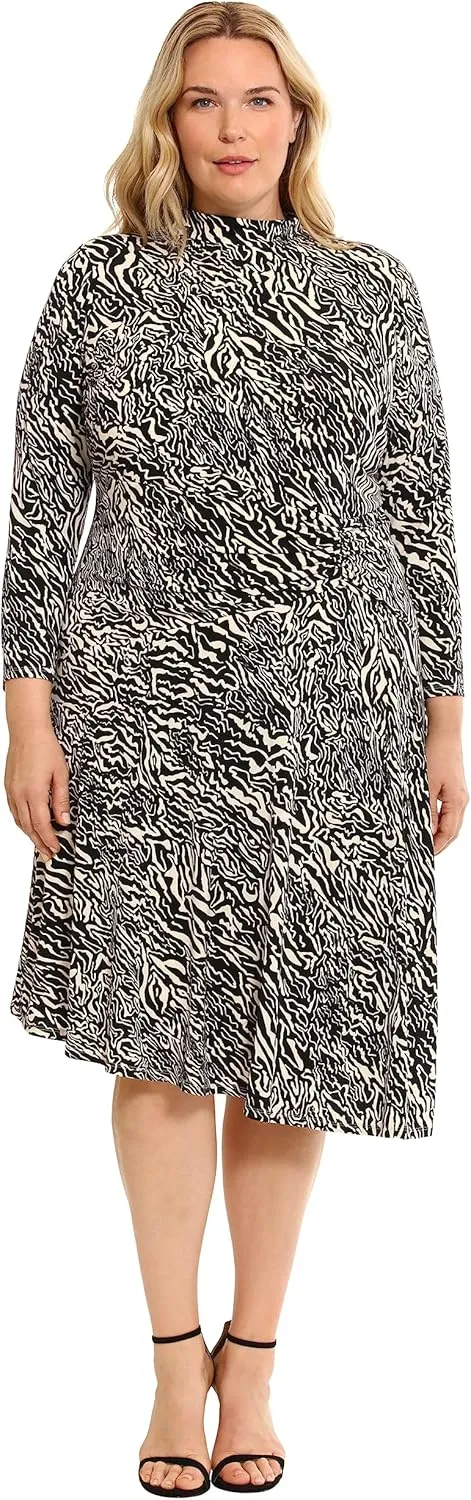 Maggy London Women's Long Sleeve Mock Neck Midi Dress with Asymmetrical Hem