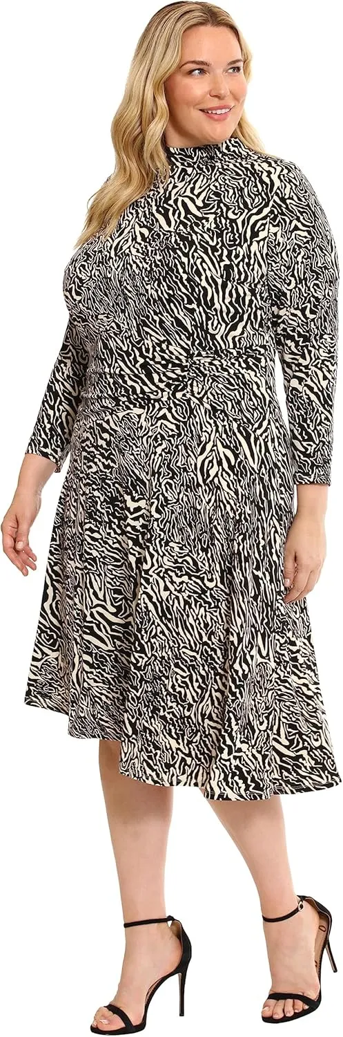 Maggy London Women's Long Sleeve Mock Neck Midi Dress with Asymmetrical Hem