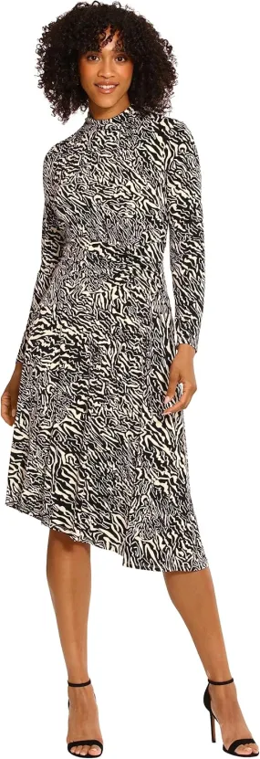 Maggy London Women's Long Sleeve Mock Neck Midi Dress with Asymmetrical Hem