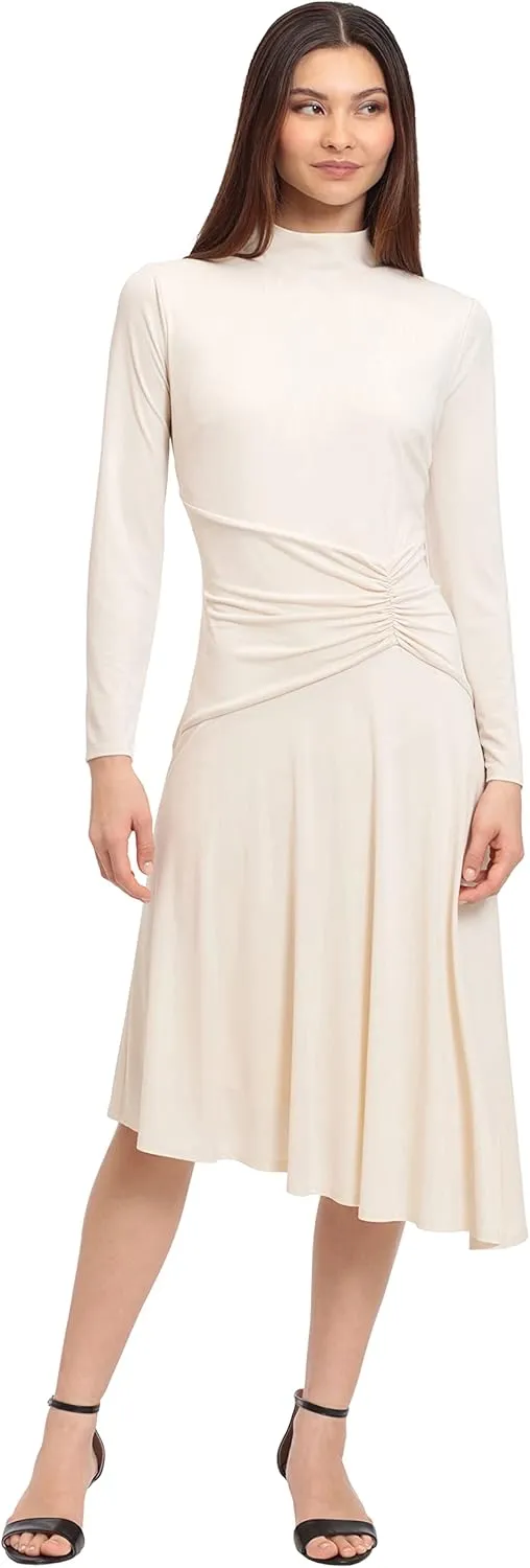 Maggy London Women's Long Sleeve Mock Neck Midi Dress with Asymmetrical Hem