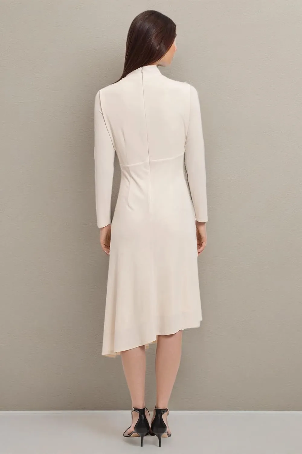 Maggy London Women's Long Sleeve Mock Neck Midi Dress with Asymmetrical Hem