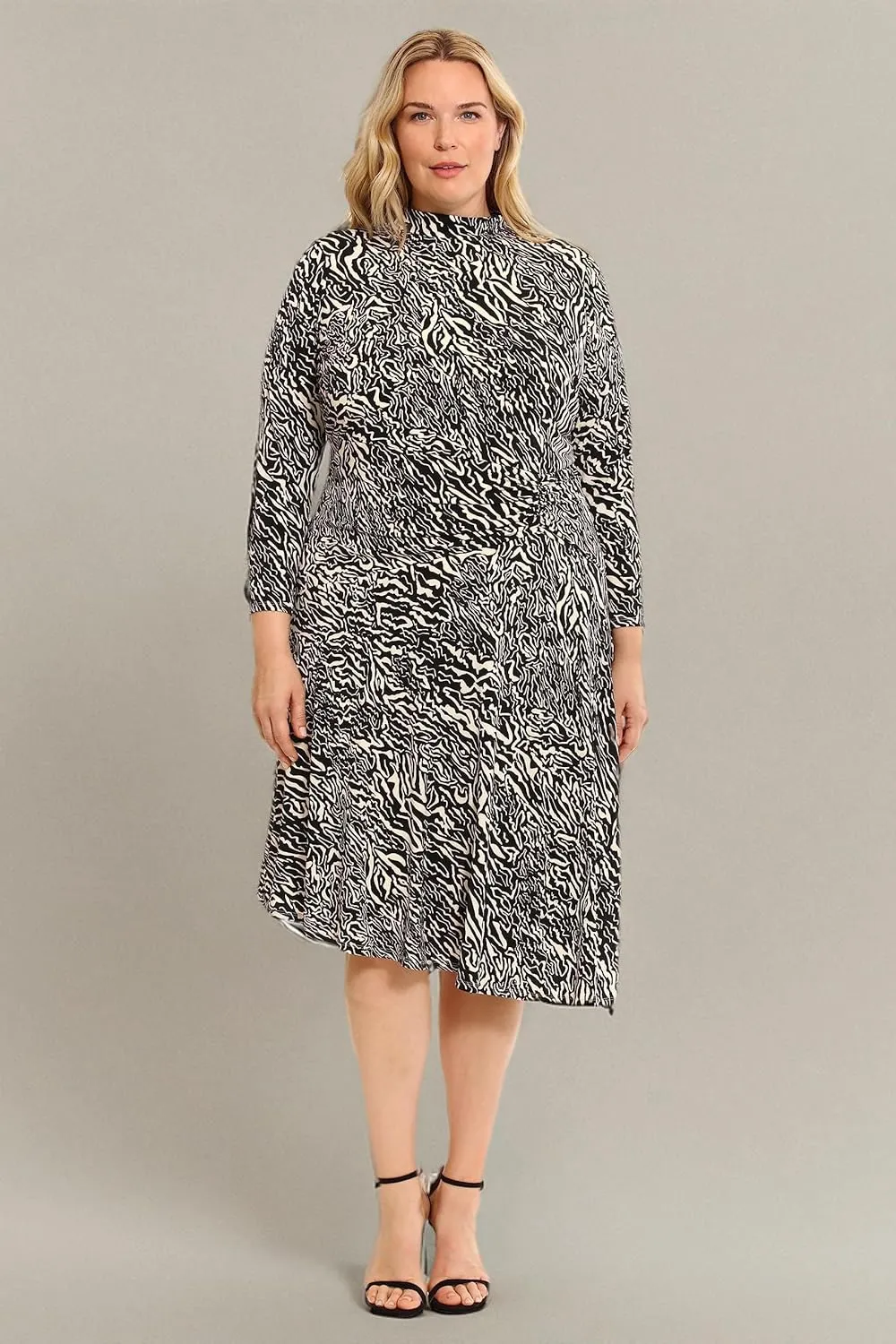 Maggy London Women's Long Sleeve Mock Neck Midi Dress with Asymmetrical Hem