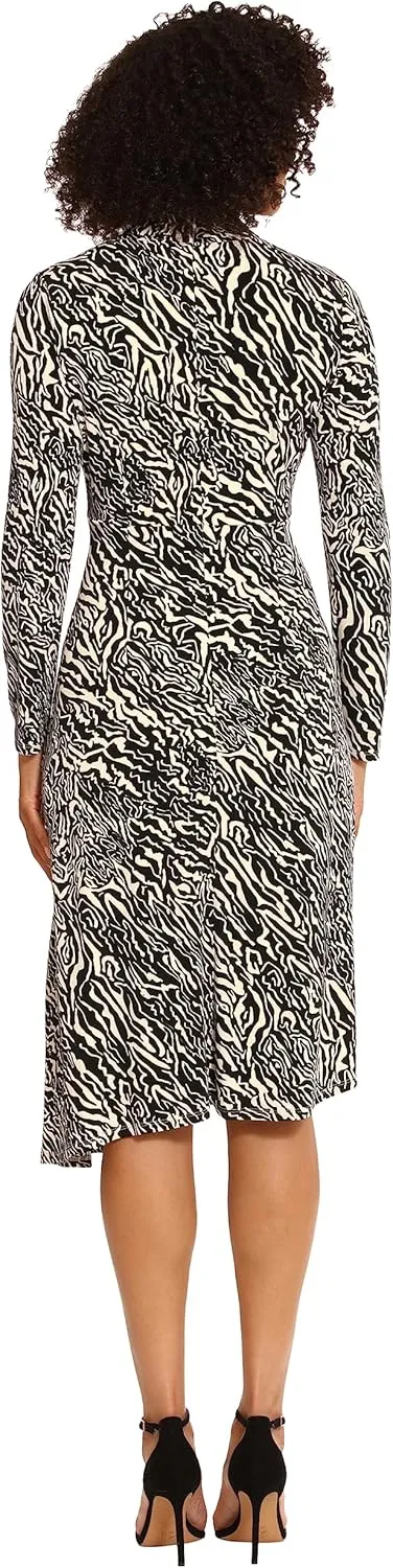 Maggy London Women's Long Sleeve Mock Neck Midi Dress with Asymmetrical Hem