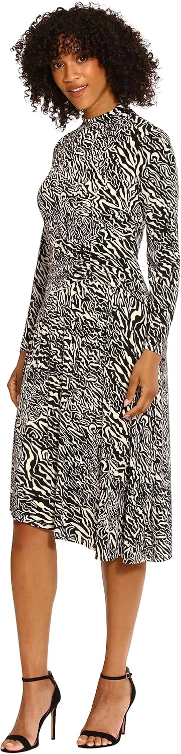 Maggy London Women's Long Sleeve Mock Neck Midi Dress with Asymmetrical Hem