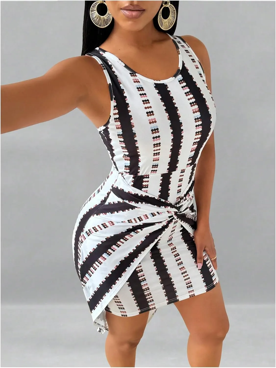 Milumia Women's Geo Print Asymmetrical Hem Tank Dress Twist Bodycon Sleeveless Midi Dresses