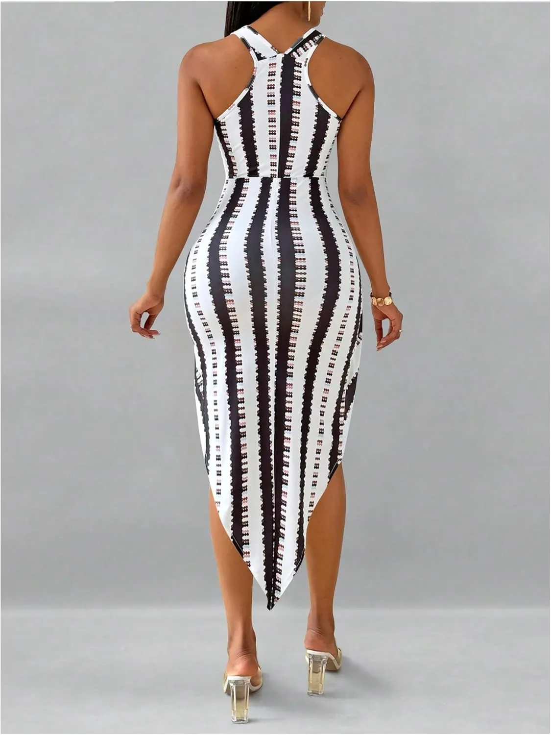 Milumia Women's Geo Print Asymmetrical Hem Tank Dress Twist Bodycon Sleeveless Midi Dresses