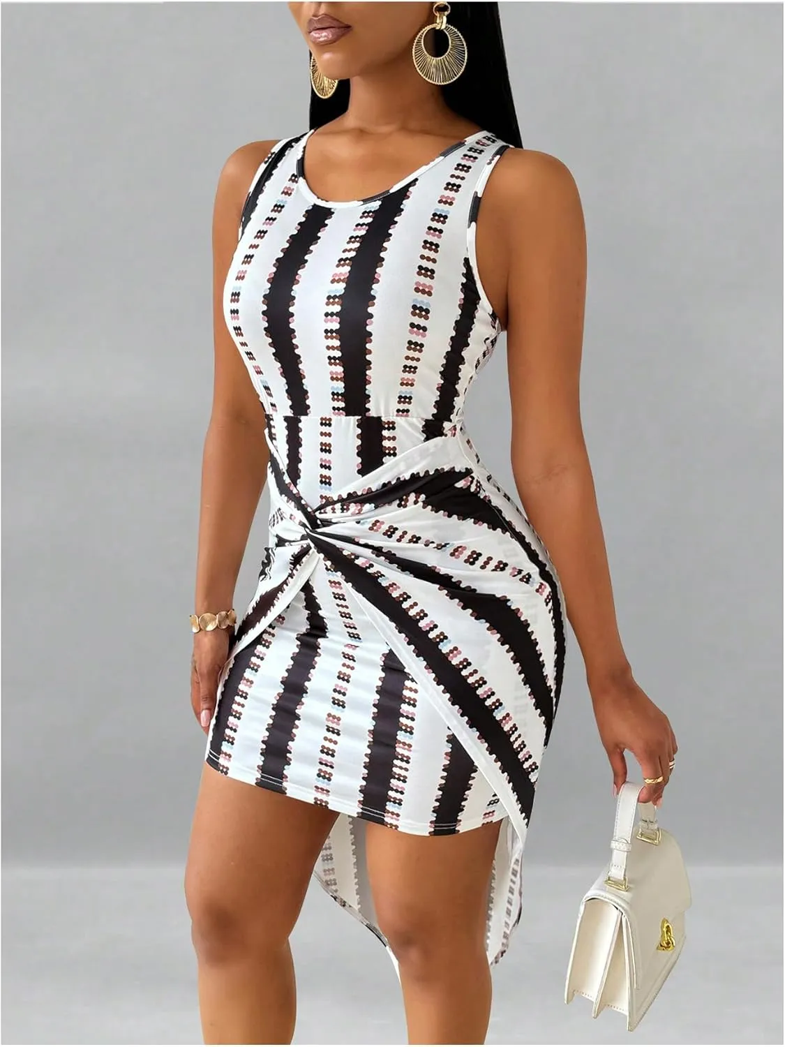 Milumia Women's Geo Print Asymmetrical Hem Tank Dress Twist Bodycon Sleeveless Midi Dresses