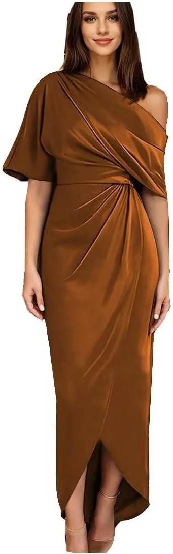Mother of The Bride Dress for Wedding One Shoulder Satin Tea Length with Sleeves Sheath Slit Formal Evening Dress
