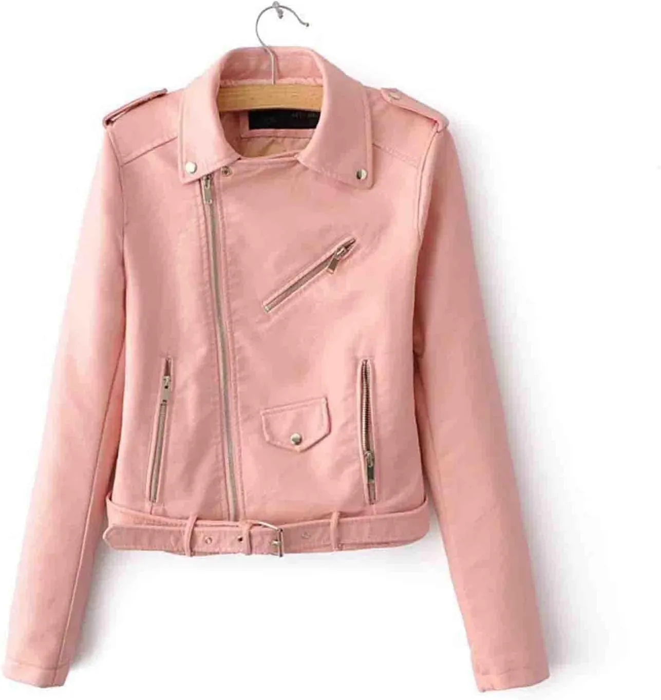 NATHGAM Faux Leather Crop Jacket for Women Slim Crop PU Leather Short Coat Womens Moto Biker Zip Up Leather Jackets with Belt