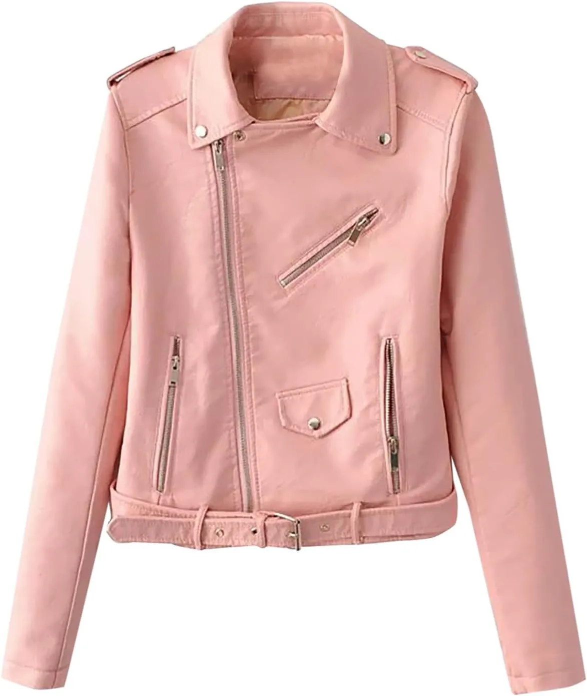 NATHGAM Faux Leather Crop Jacket for Women Slim Crop PU Leather Short Coat Womens Moto Biker Zip Up Leather Jackets with Belt