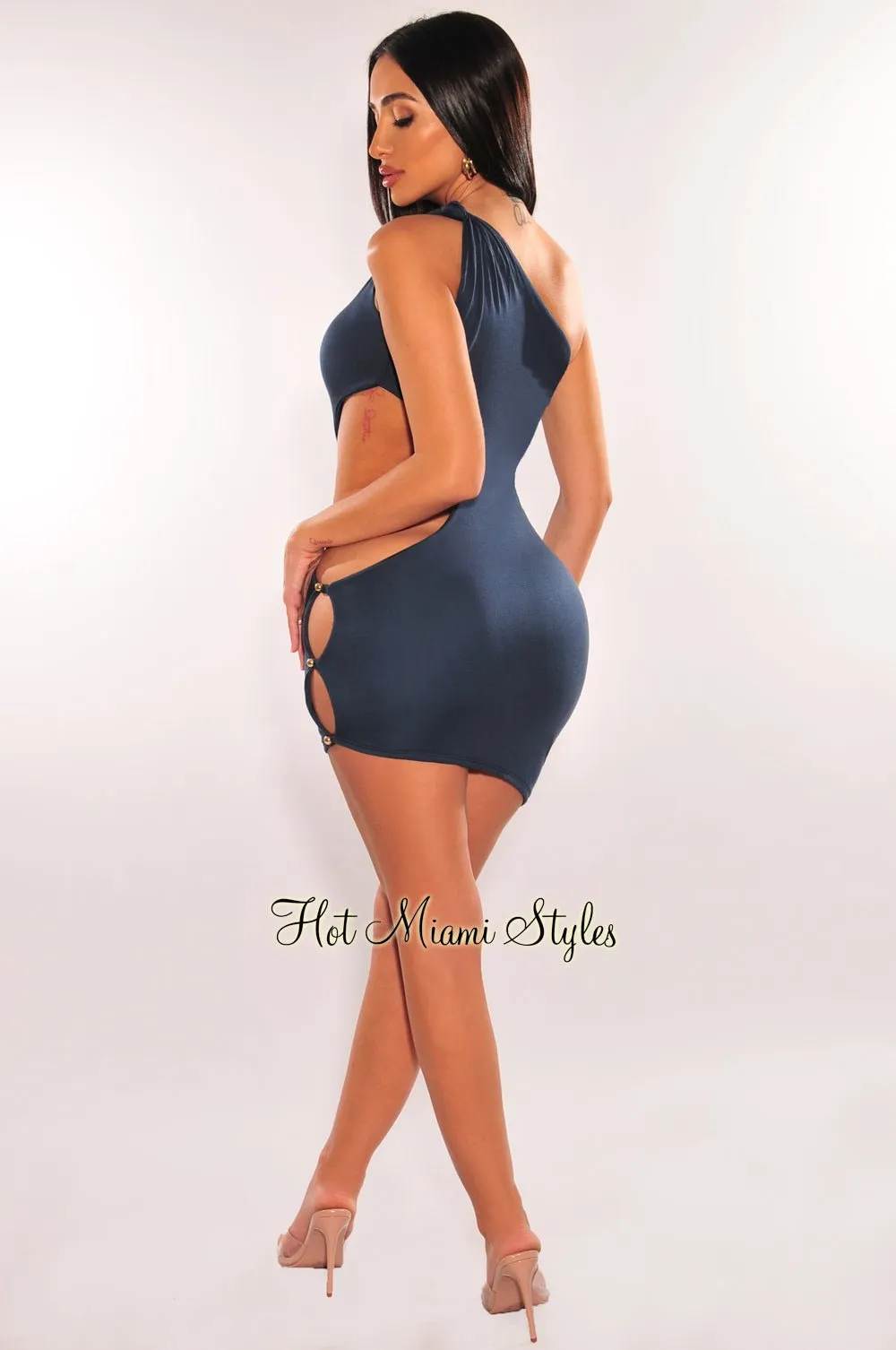 Navy Knotted One Shoulder Button Cut Out Asymmetrical Dress