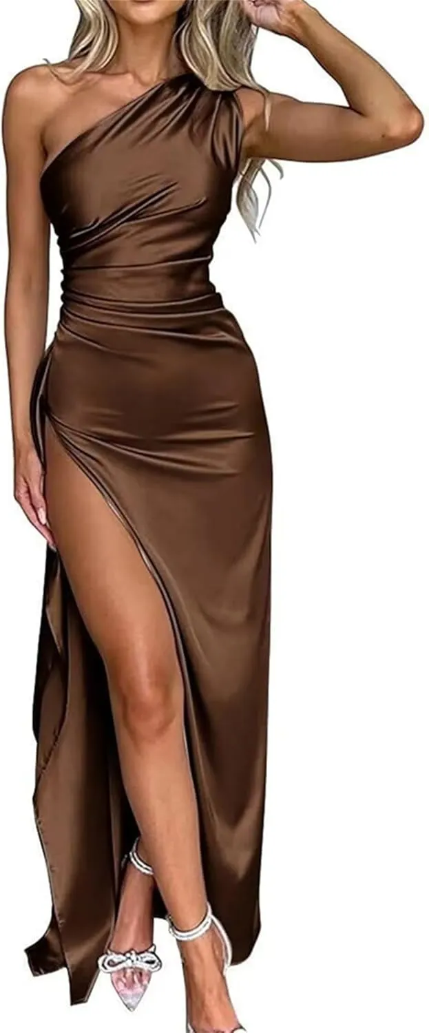 One Shoulder Bridesmaid Dresses for Womens Satin Wedding Party Maxi Dress Bodycon Cocktail Gowns with Slit