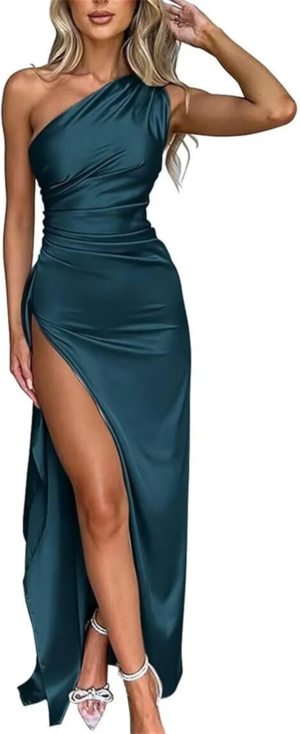 One Shoulder Bridesmaid Dresses for Womens Satin Wedding Party Maxi Dress Bodycon Cocktail Gowns with Slit