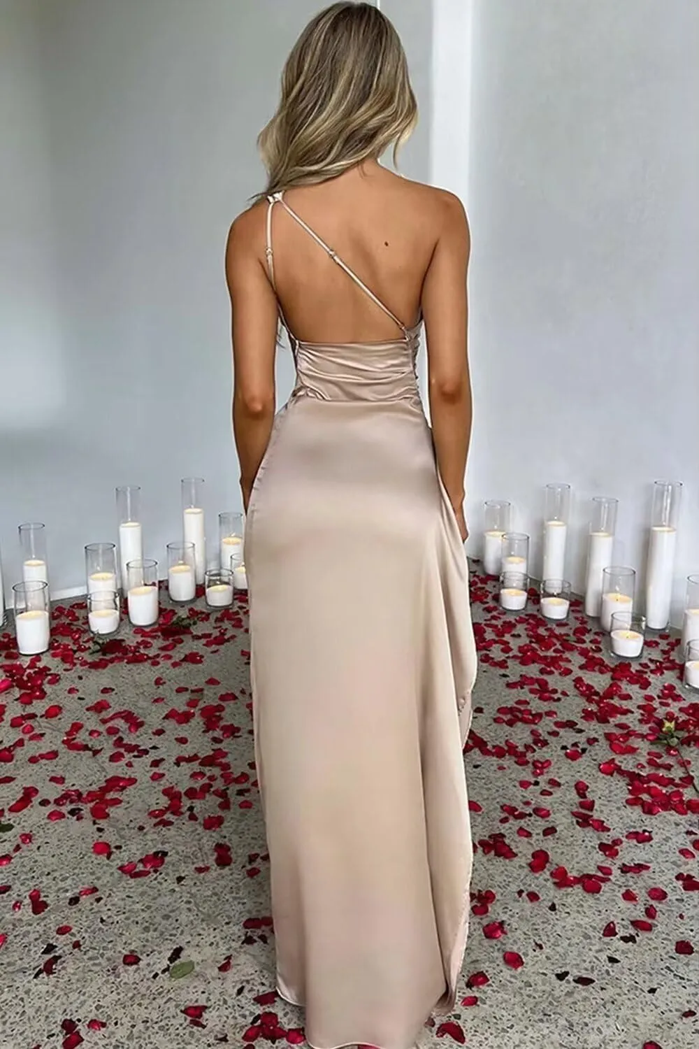 One Shoulder Bridesmaid Dresses for Womens Satin Wedding Party Maxi Dress Bodycon Cocktail Gowns with Slit