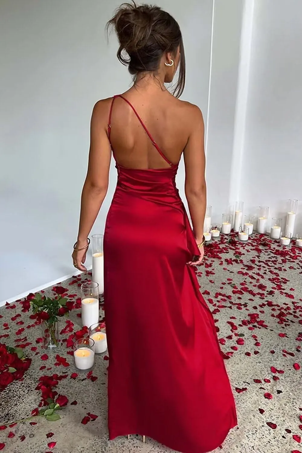 One Shoulder Bridesmaid Dresses for Womens Satin Wedding Party Maxi Dress Bodycon Cocktail Gowns with Slit