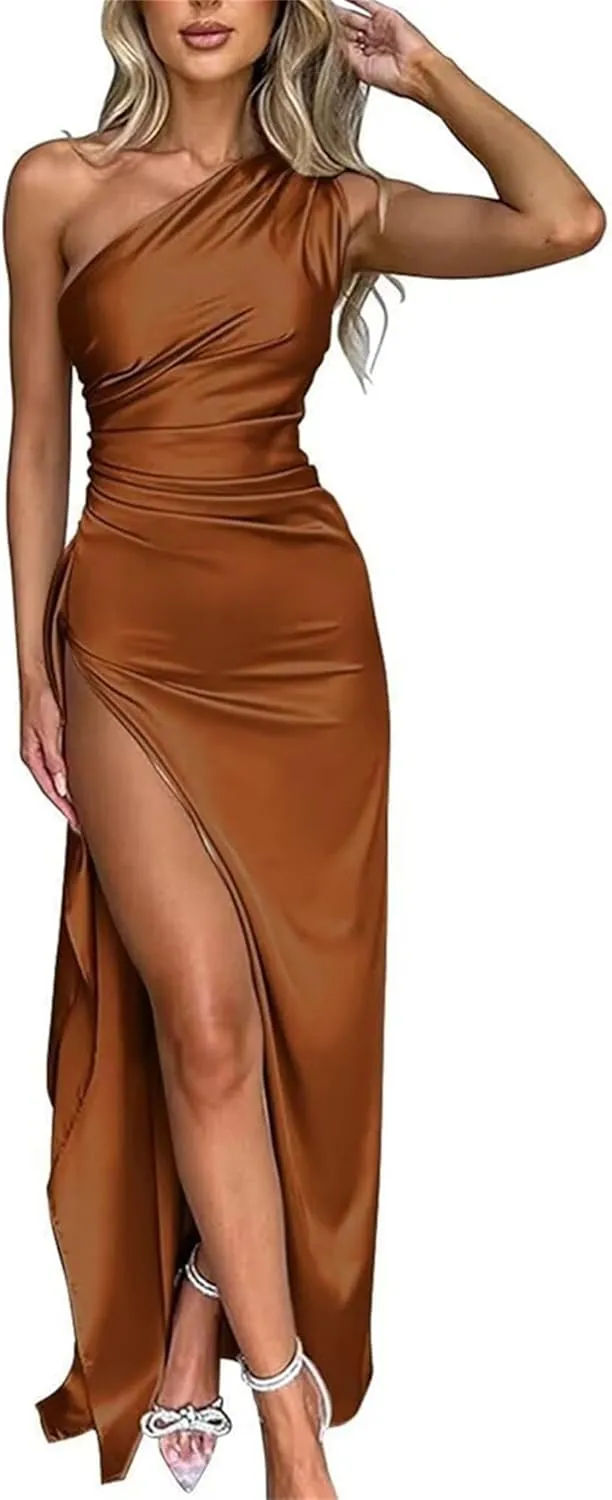 One Shoulder Bridesmaid Dresses for Womens Satin Wedding Party Maxi Dress Bodycon Cocktail Gowns with Slit