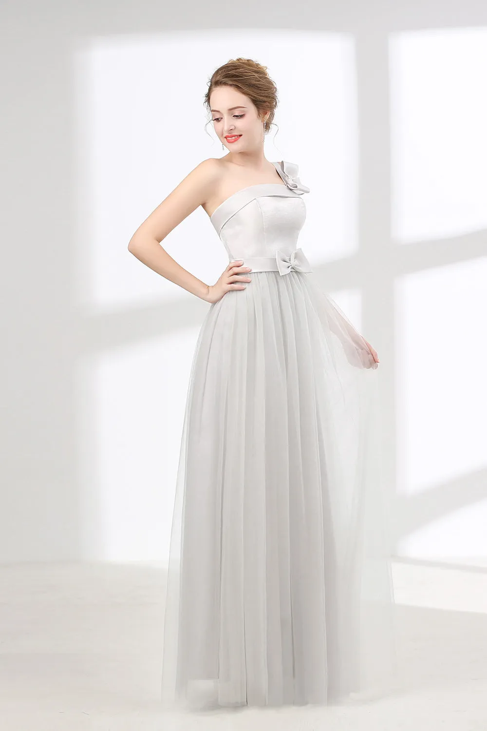 One Shoulder Soft Gray Floor Length Prom Dresses