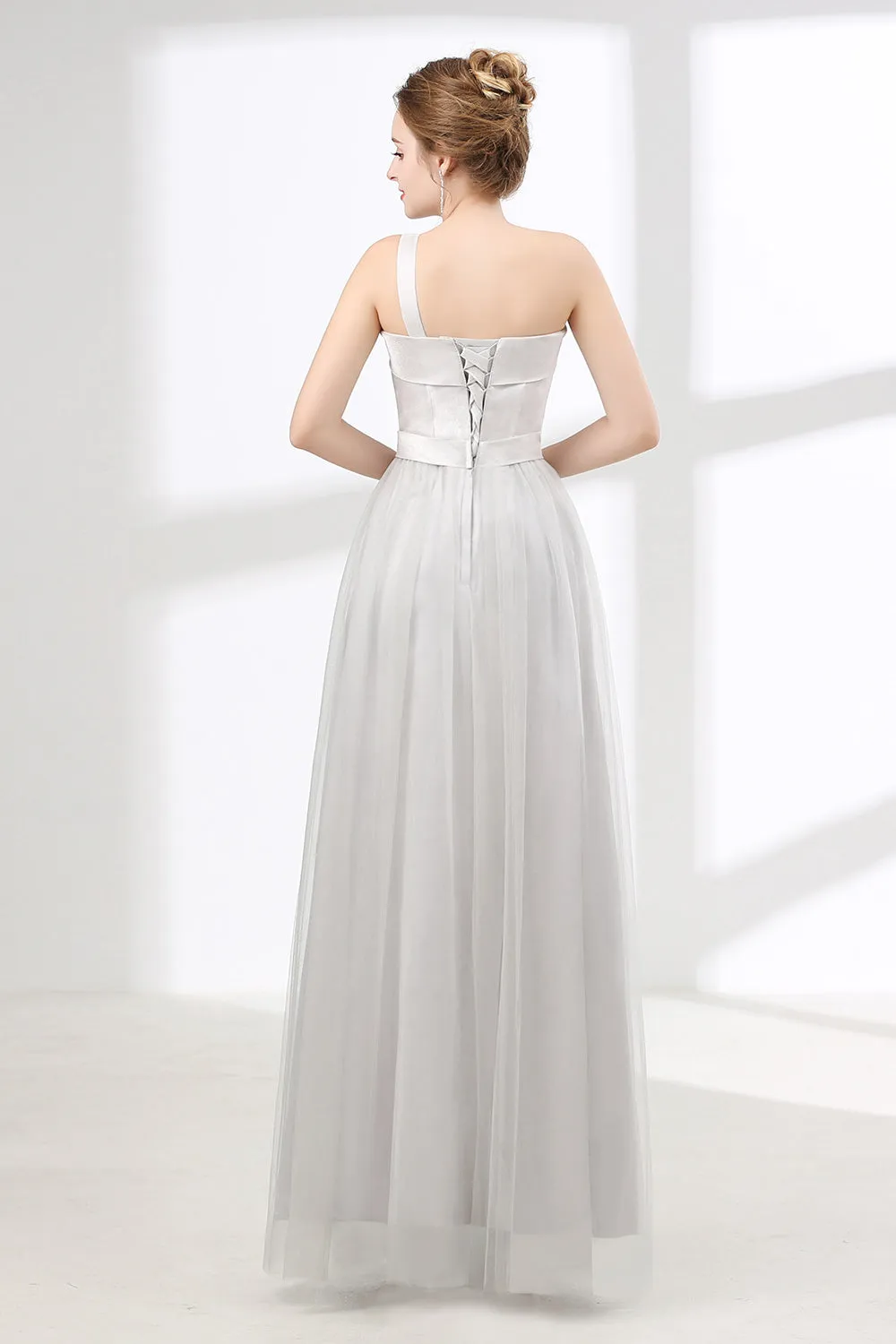 One Shoulder Soft Gray Floor Length Prom Dresses