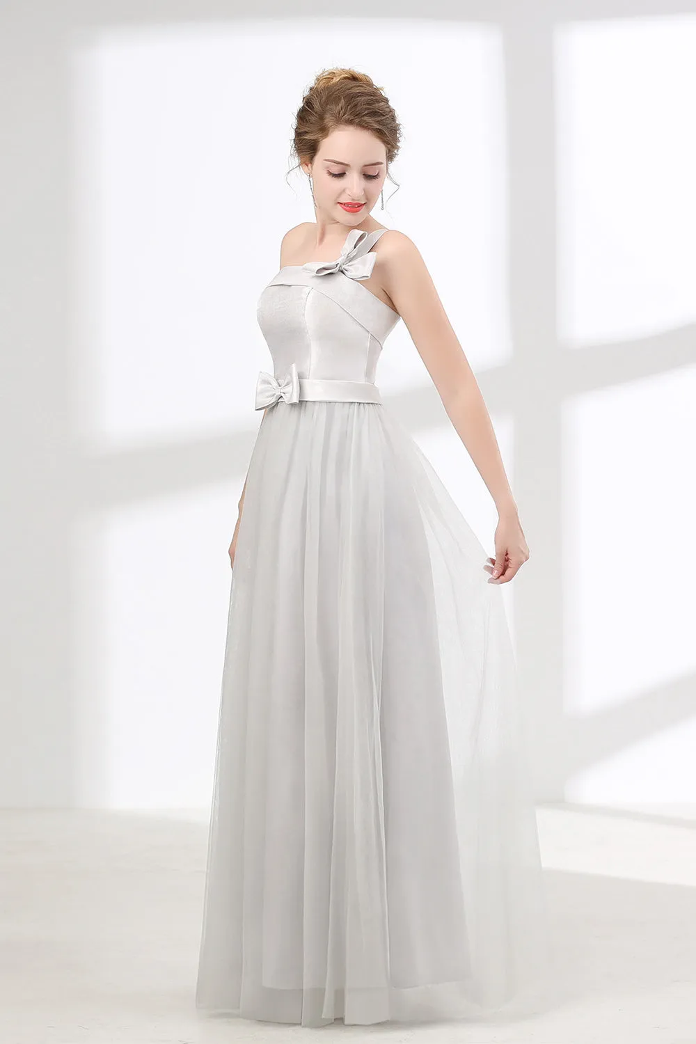 One Shoulder Soft Gray Floor Length Prom Dresses