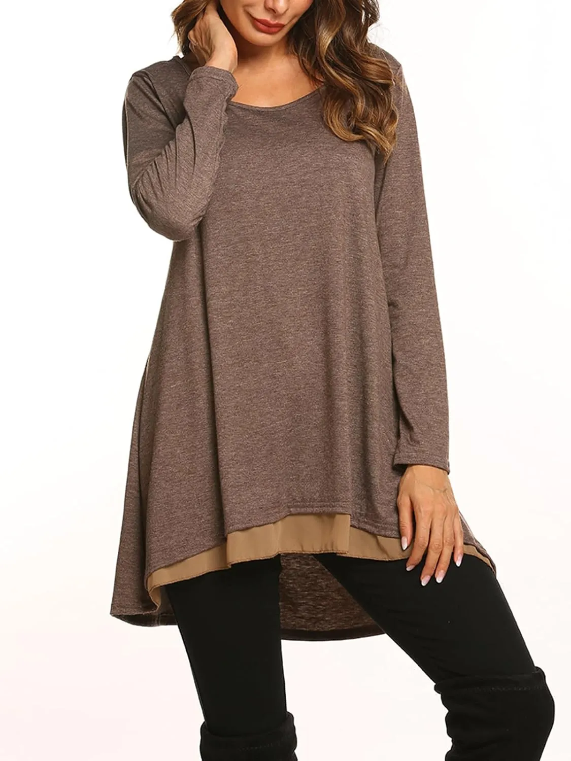 Poetsky Women's Long Sleeve Solid Color Tunic Tops Layered Chiffon Hem Casual Loose Blouse Shirts