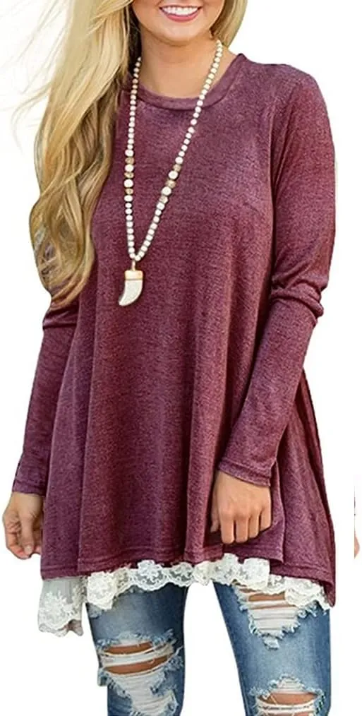 Poetsky Women's Long Sleeve Solid Color Tunic Tops Layered Chiffon Hem Casual Loose Blouse Shirts