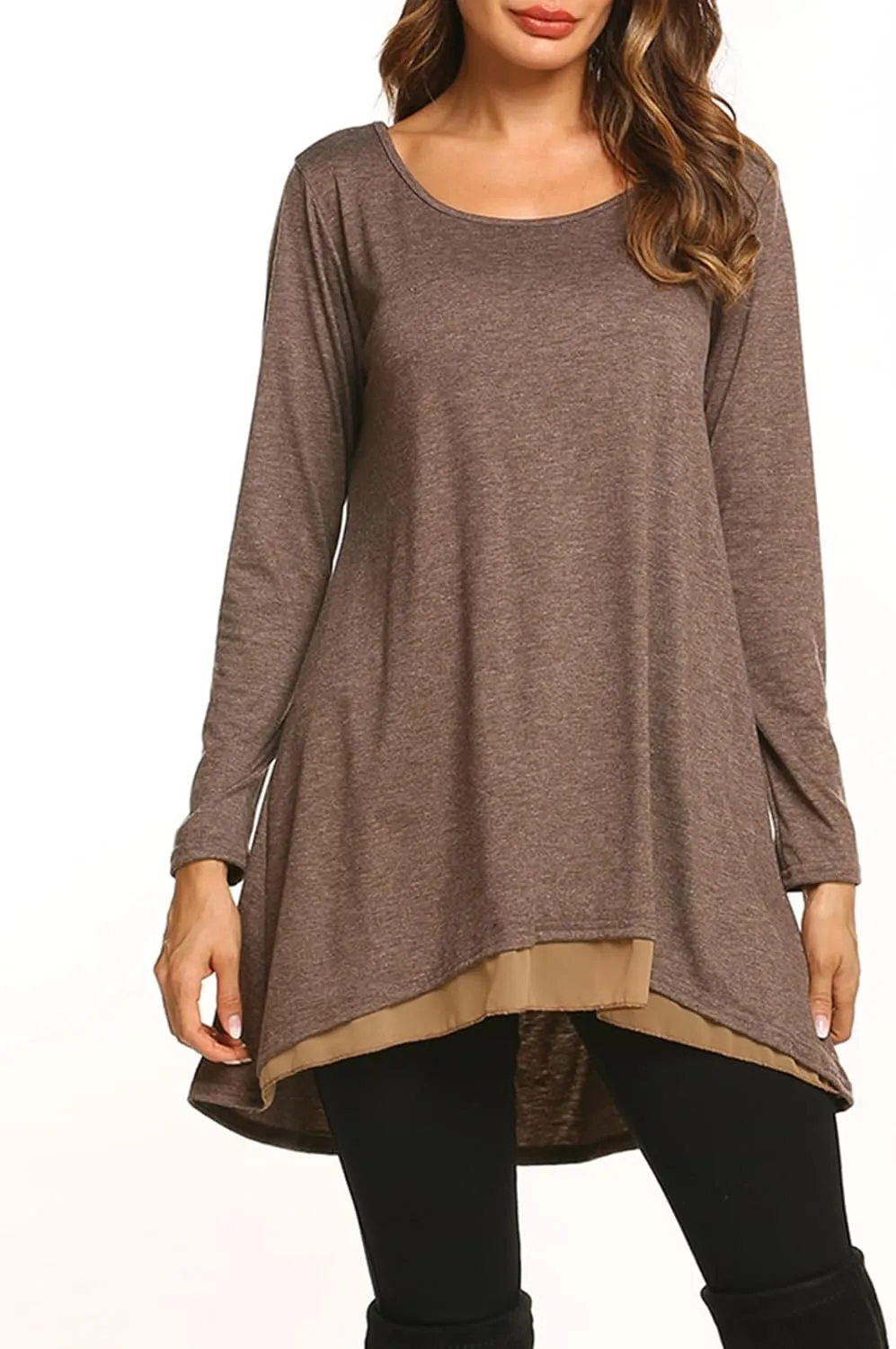 Poetsky Women's Long Sleeve Solid Color Tunic Tops Layered Chiffon Hem Casual Loose Blouse Shirts