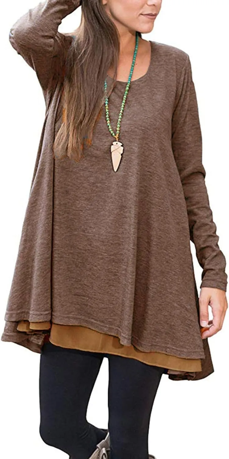Poetsky Women's Long Sleeve Solid Color Tunic Tops Layered Chiffon Hem Casual Loose Blouse Shirts